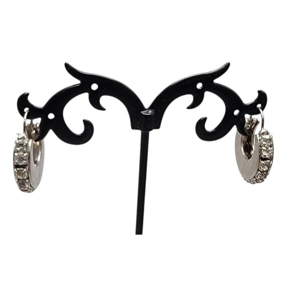 Silver Tone Rhinestone Hoop Earrings Hinged Closure Vintage Pat Pend Unsigned - Picture 4 of 9